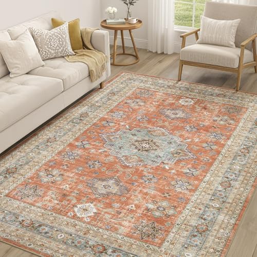 cotiled 5x7 Area Rug for Living Room, Washable, Traditional, Orange