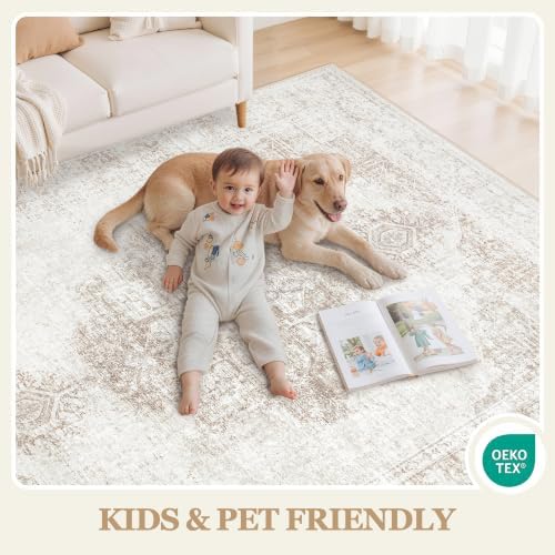 6x9 Washable Area Rugs for Bedroom Beige Ivory Non-Slip Rug