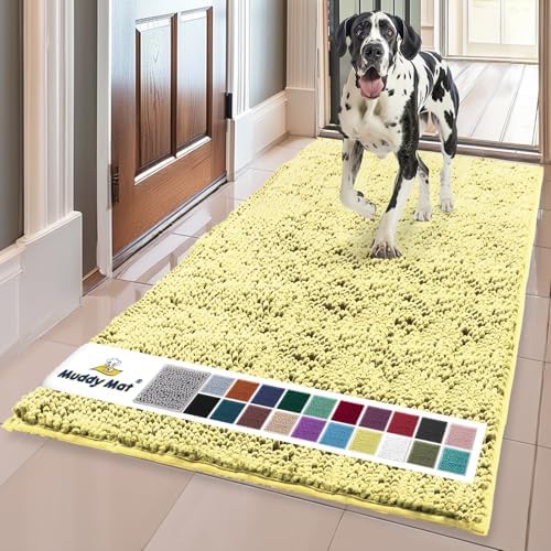 Muddy Mat® | Super Water Absorbent Door Mat Indoor, Microfiber Quick Dry Chenille Entryway Rug, Slip Resistant Front Door Mat, Indoor Mats for Entryway, Machine Washable Pet Rug, Yellow 24" x 120"