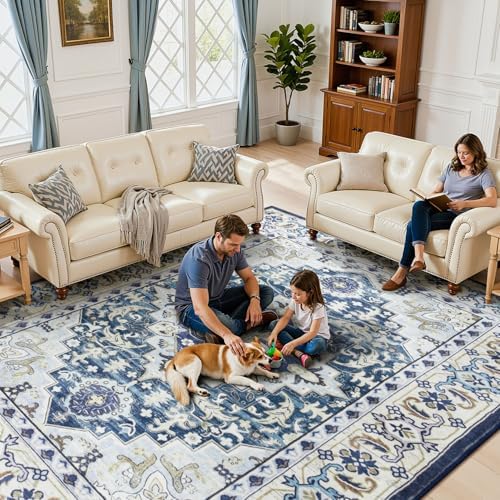 Lessymo 8 x 10 Area Rugs for Living Room, Washable Rug Faux Wool Dark Blue
