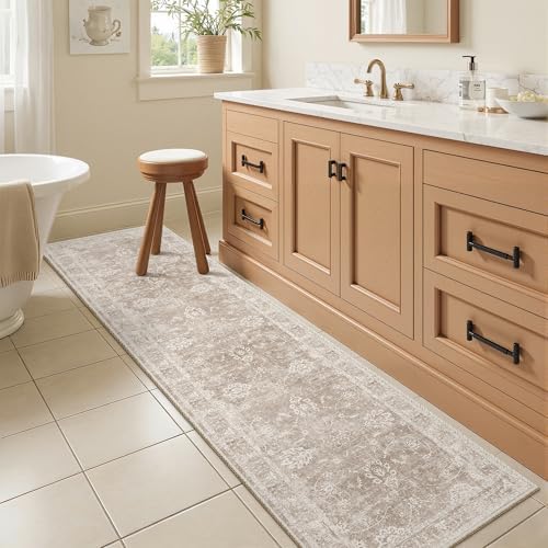 Madane Washable Runner Rug 2x5, Vintage Kitchen Hallway Rug Brown/Sand