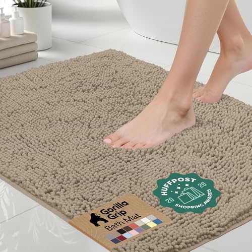 GORILLA GRIP Bath Rug Mat for Bathroom, Absorbent Chenille 60x24 Gray Beige