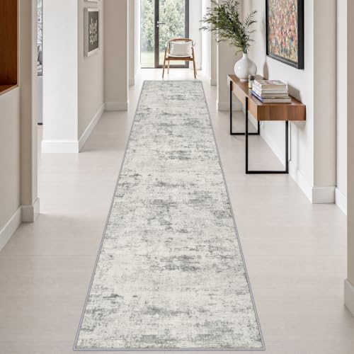 2.6x14 Washable Runner Rug:Modern Abstract Indoor Soft Carpet Gray