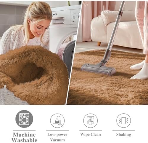 OLANLY Khaki Round Rugs for Bedroom - Machine Washable, 9 ft Circle Area Rugs for Living Room, Soft and Fluffy Shaggy Carpet for Teen Girl and Boys, Nursery Rooms, Dorms, Home Decor Aesthetic