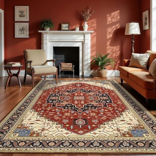 Macgace Washable Vintage Area Rug for Living Room, 6x9 Rugs Orange Red