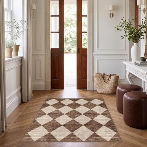 Brown Beige Checkered Entry Rug - 3x4 Non-Slip Washable Indoor Outdoor Front Door Mat Porch Rug Farmhouse Diamond Throw Carpet for Living Room Bedroom Entryway Kitchen Office Fall Porch Decor