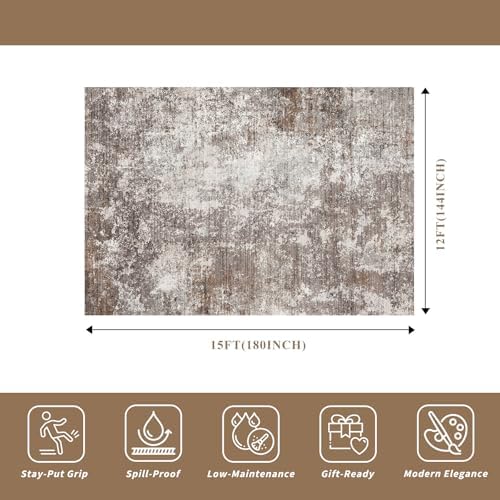 12x15 Area Rug Living Room Washable – Extra Large Modern Neutral Abstract Soft Carpet for Bedroom Dining Room, Non-Slip Low Pile Room Size Rug (Brown Beige,12x15)