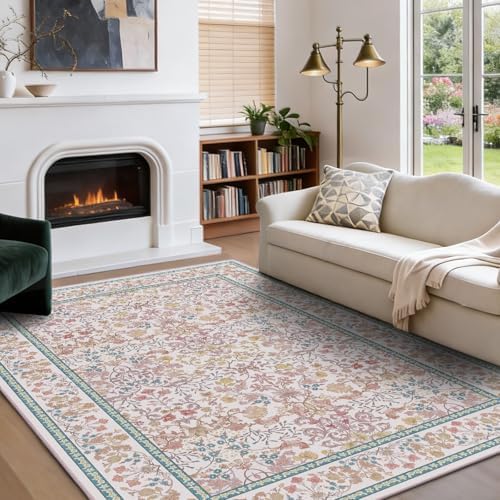 Amada Floral Washable Area Rug,5'x7',Light Pink