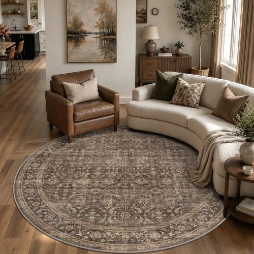 JOOJA 8x8 Dark Brown Vintage Low Pile Washable Boho Round Living Room Rug