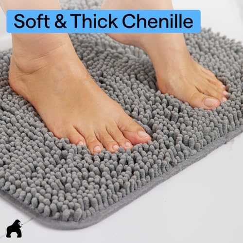 GORILLA GRIP Bath Rug Mat for Bathroom, Absorbent Chenille, 30x20 Gray