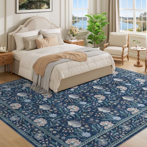 DUKINO 8x10 Area Rug Vintage Floral Washable Rug for Living Room, Dark Blue
