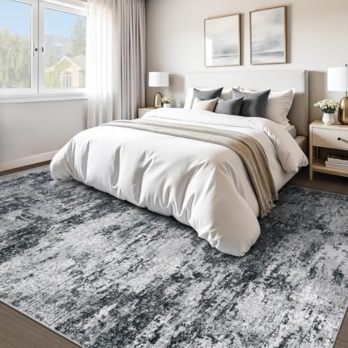 pmtsns Area Rugs 10x14 Living Room: Washable Rug Modern Abstract Neutral Soft Non-Slip Low-Pile Indoor Large Carpet for Bedroom Dining Room Playroom Home Office (Black Grey, 10'x14')