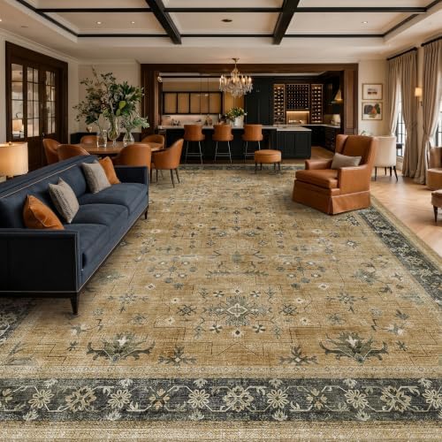 Vintage 10x14 Living Room Rug, Oriental Large Area Rug for Dining Room Under Table, Washable Rustic Brown and Charcoal Olive Low Pile Bedroom Carpet, Non-Slip Stain Resistant