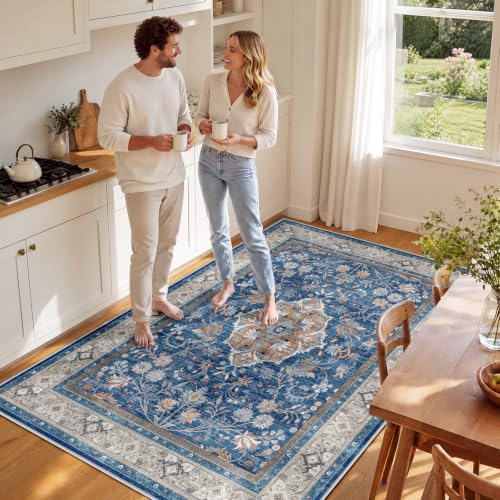 SameBed 5x7 Area Rug Living Room, Vintage Washable Carpet Blue