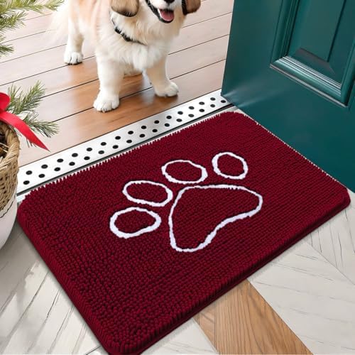 OLANLY Dog Door Mat for Muddy Paws 70x35, Paw Print Design Chenille Mud Mat