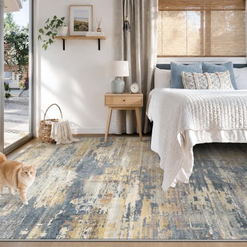 XLUEZ 5x7 Area Rugs for Living Room, Washable Modern Abstract Large Area Rug Neutral Soft Non Slip Kids Rug Stain Resistant Indoor Carpet for Bedroom Nursery Dining Room Playroom(BlueBeige, 5'x7')