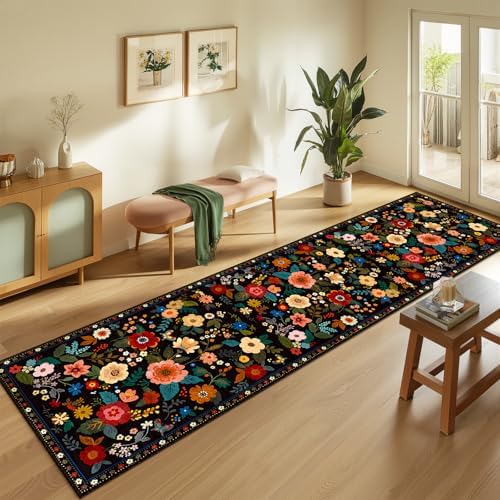 Floral Washable 2x10 Area Rugs Runner Entryway Hallway Black