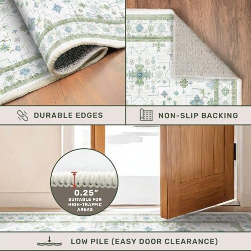 Hazo Haus Cream Oushak 6x9 Bedroom Rug - Boho Floral Cool Blue and Green, Washable Low Pile Non-Slip Ultra-Thin Large Area Rugs for Bed Room, Living Room, Playroom