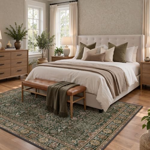 Bavni 5x7 Washable Area Rug for Living Room, Non Slip, Dark Green Brown