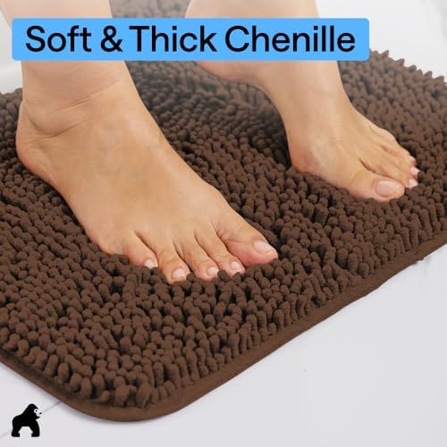 GORILLA GRIP Bath Rug Mat for Bathroom, Absorbent Chenille, 48x17 Brown