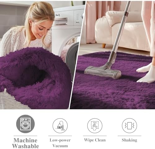 OLANLY Dark Purple Round Rugs for Bedroom - Machine Washable, 6 ft Circle Area Rugs for Living Room, Soft and Fluffy Shaggy Carpet for Teen Girl and Boys, Nursery Rooms, Dorms, Home Decor Aesthetic