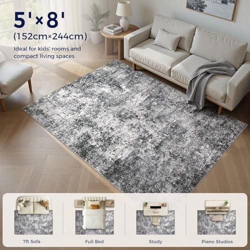 DMOYEST Area Rug Living Room Rugs 5x8 Washable Abstract Grey Carpet