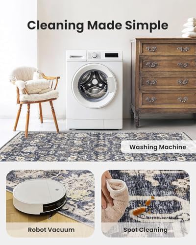 Amada Small 2x4 Washable Area Rug for Entryway, Blue/Brown, Vintage Pattern