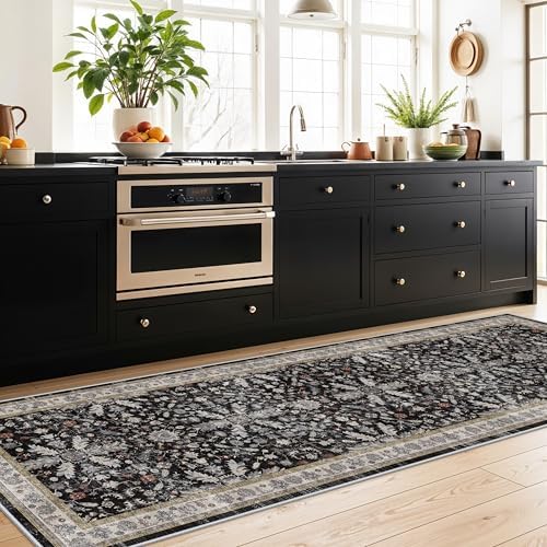 3x10 ft Long Kitchen Runner Rug – Non-Slip Washable Hallway Carpet Runner with Rubber Backing, Boho Floral Low Pile Thin Wide Runners for Entryway Indoor（Black,3x10）