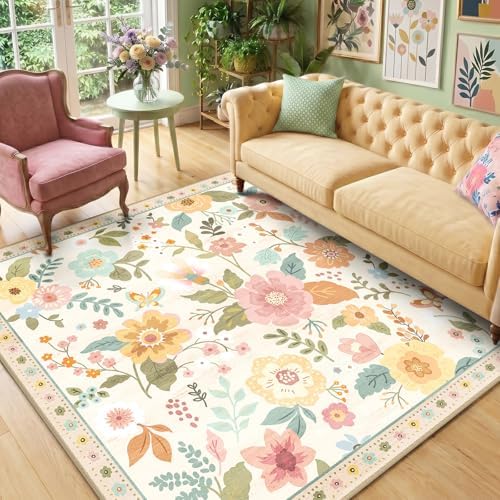 RELEANY Floral Washable Square 6ft Area Rug Beige/White/Orange