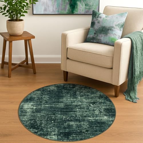IOHOUZE Round Area Rug 3 Ft Circle Entryway Rugs Round Washable Door Mat Indoor Entrance, Non Slip Circle Front Door Rug, Printed Abstract Faux Wool Floor Carpet for Foyer Porch Sink, Dark Green