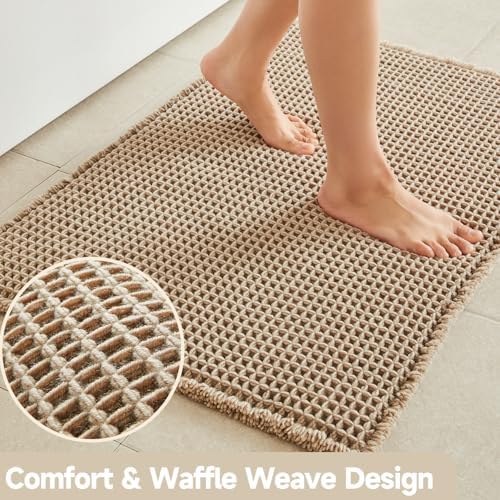 TYUU Waffle Bath Mat, Small Boho Bathroom Rugs Non Slip 24x16 Beige