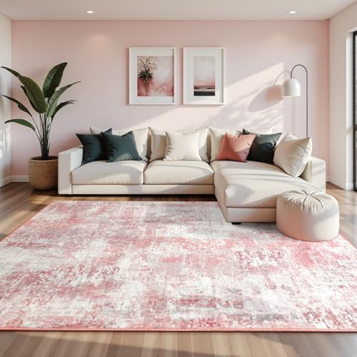 Macgace Washable Abstract Area Rug for Living Room, Modern 6x9 Rugs Pink