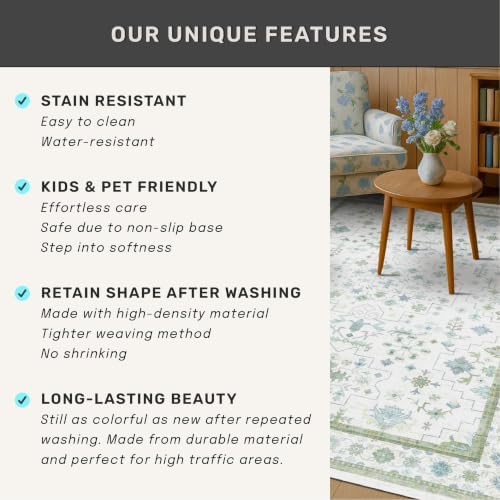 Hazo Haus Oushak Wide Hallway Runner Rug 2'6"x12' - Vintage Turkish Floral, Washable Low Pile Non Slip Extra Long Runners for Kitchen, Hall Way - Cream Blue and Green