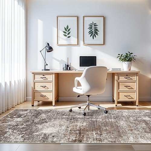 4x9 Wide Runner Rug for Hallway, Washable Non Slip Long Kitchen Rug, Soft Low Pile Carpet for Entryway Bedroom, Modern Abstract Area Rug (Brown Beige,4x9)