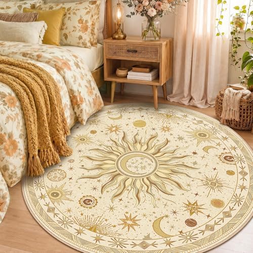Vacuum-Friendly, Round 6ft Washable Area Rug, Beige Camel Brown