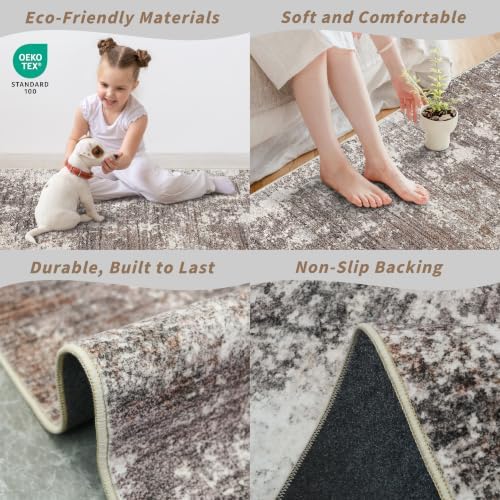 5x10 Washable Area Rug for Living Room Modern Abstract Brown Beige