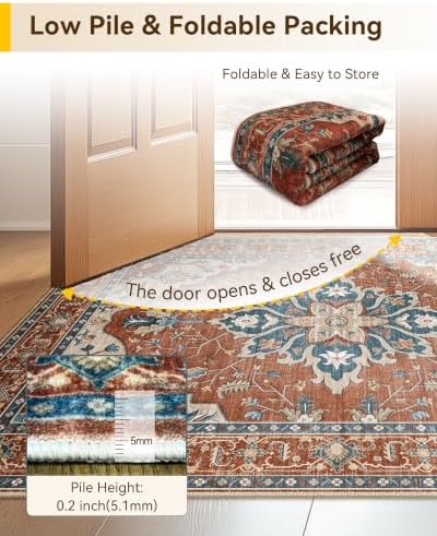 RELEANY Washable Area Rug, Runner 3'x12', Red/Orange/Blue/Brown