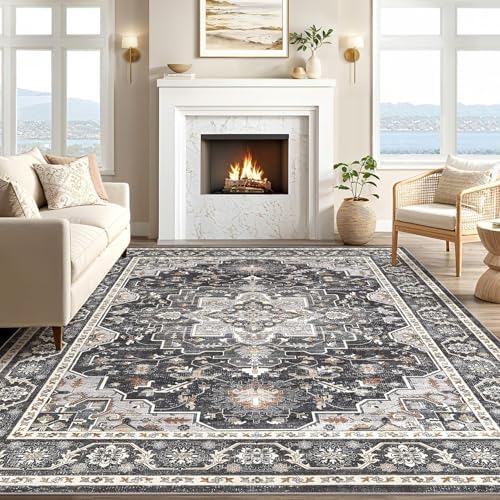 cotiled 9x12 Area Rug for Living Room, Washable, Traditional, Black