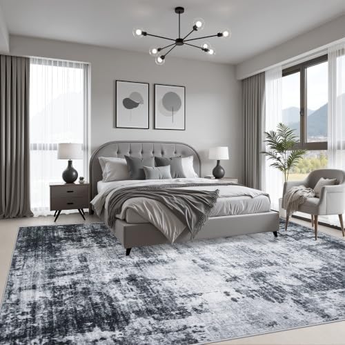 6x9 Area Rug Living Room Rug: Washable Modern Abstract Soft Thin Rug Indoor Floor No Slip Stain Resistant Carpet for Bedroom Dining Room Farmhouse Nursery Home Office - Dark Black