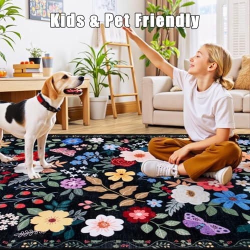 PLHXFR Area Rug 10x14 Living Room: Floral Washable Boho Soft Carpet Black