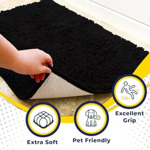 Muddy Mat® | Super Water Absorbent Door Mat Indoor, Microfiber Quick Dry Chenille Entryway Rug, Slip Resistant Front Door Mat, Indoor Mats for Entryway, Machine Washable Pet Rug, Black 20" x 48"