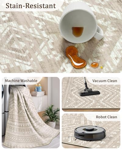 Miukiki 9x12 Area Rug for Living Room, Washable Non Slip Moroccan Rug Brown