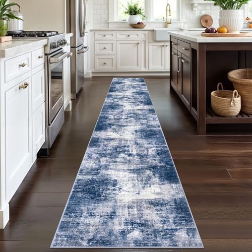 IOHOUZE Abstract Runner Rug 2x12 Ft Washable Runners for Hallways, Non Slip Kitchen Runner Printed Faux Wool Entryway Runner Indoor, Modern Abstract Floor Carpet for Hall Kitchen, Navy/Grey