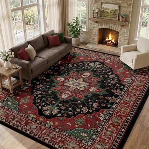 RELEANY Washable Area Rug, Large 10'x12', Red/Black