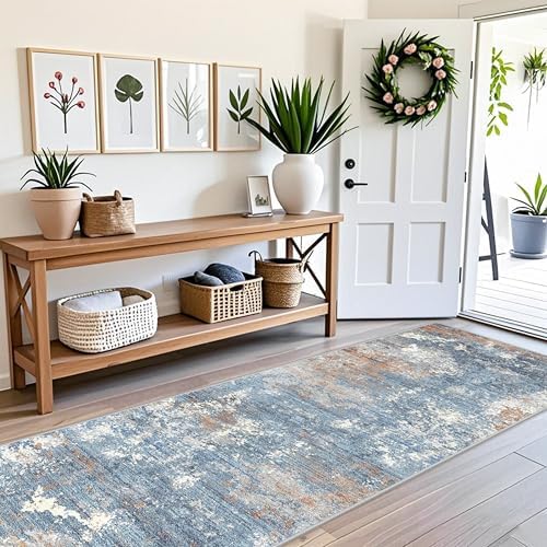 3x12 ft Long Hallway Runner Rug Non-Slip Washable Carpet Runner for Kitchen Entryway Bathroom Modern Abstract Neutral Low-Pile Thin Stain-Resistant Blue Rust