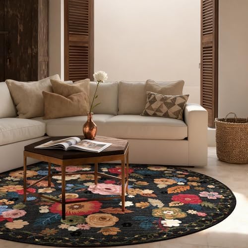4ft Round Bedroom Rug Washable: Circle Rugs for Living Room Floral Vintage Non Slip Low Pile Soft Faux Wool Non Shedding Small Carpet for Kitchen Entryway Bathroom Bedside Office Farmhouse Entrance