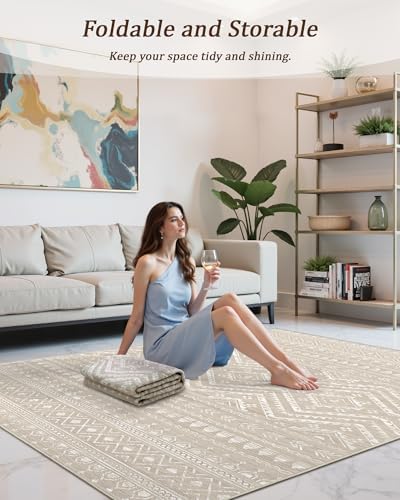 Miukiki 9x12 Area Rug for Living Room, Washable Non Slip Moroccan Rug Brown