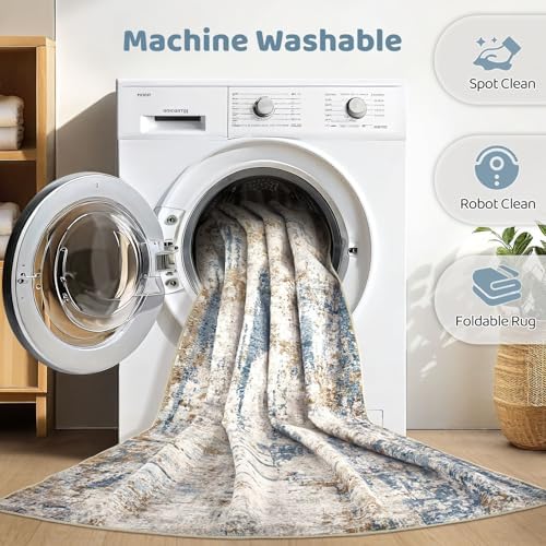 LOONGRUG 4x6 Area Rug Machine Washable Neutral Modern Rugs Blue Tan
