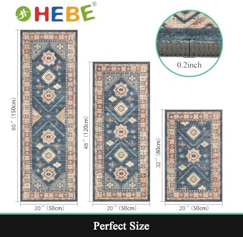 HEBE Boho Kitchen Rugs Set of 3, Non Slip Washable Kitchen Mats for Floor
