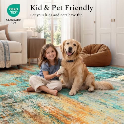 Rugflix 8x10 Area Rugs for Living Room, Washable Large Rug Teal Multi